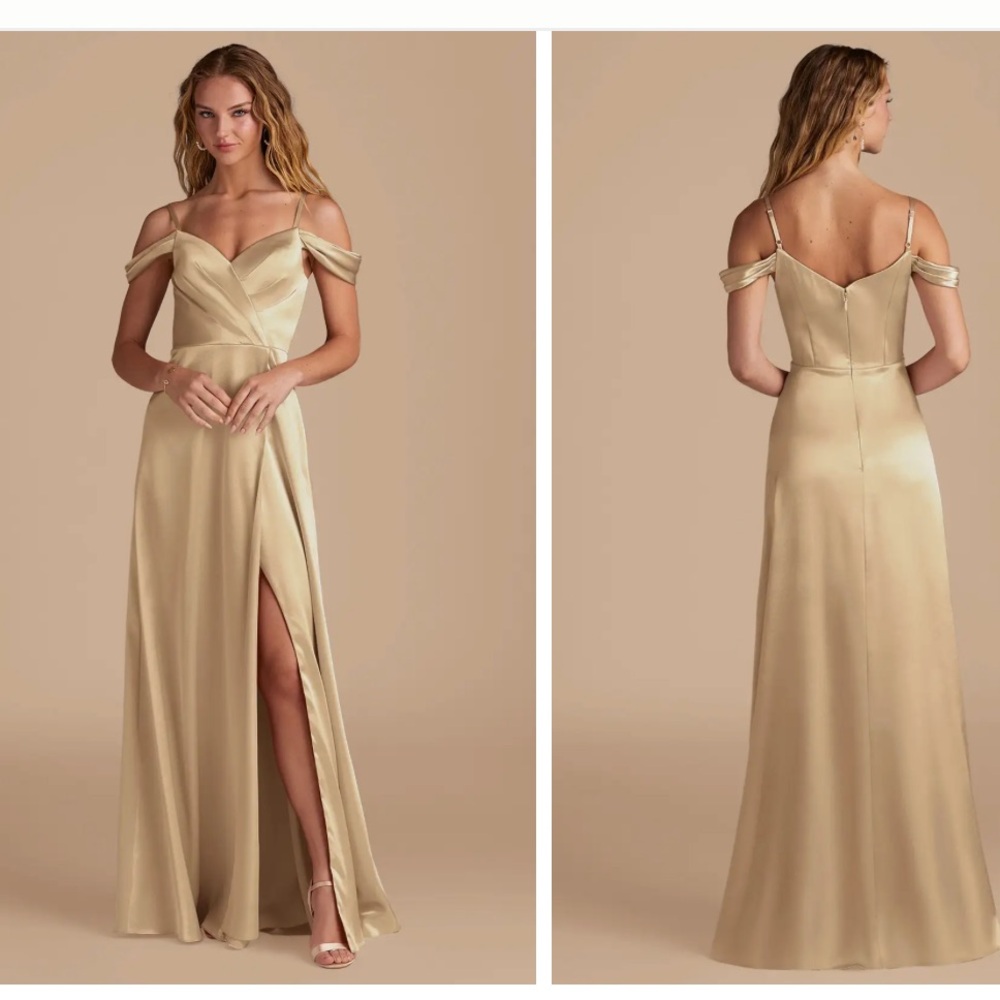 Azazie Gold Satin Off-Shoulder A-Line Gown with High Slit